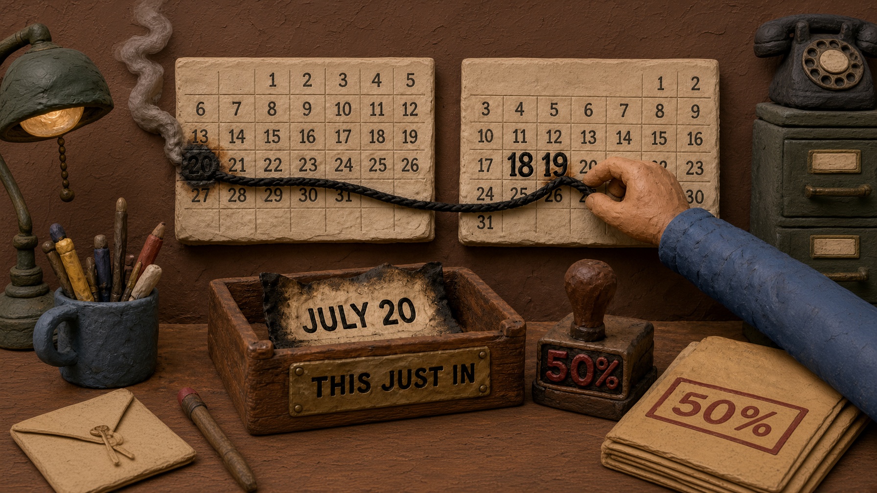 Claymation-style office desk against a textured brown wall. Two paper calendars hang side by side. A smoldering black fuse burns from the circled “20” on the left calendar and stretches across to the right calendar, where a clay hand in a blue sleeve pinches the fuse near the bold “18 19”. Below sits a wooden tray labeled “THIS JUST IN” holding a scorched note that reads “JULY 20”. A rubber stamp marked “50%” and a stack of papers stamped the same way rest nearby, along with a desk lamp, pencil mug, sealed envelope, pen, rotary phone, and filing cabinet.
